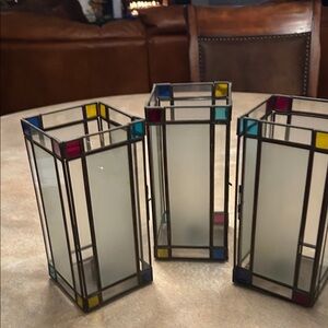 3 Stained Glass Candle Holders - Multicolor